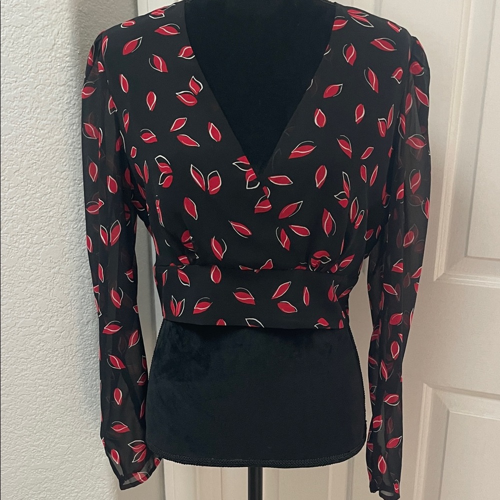 Express Black Blouse with Red Leaf Pattern NWT - image 1